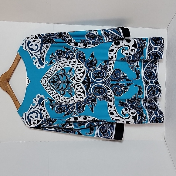 DressBarn Women's Black White Blue Floral 3/4 Sleeve Tunic Top, Mp - Picture 2 of 7